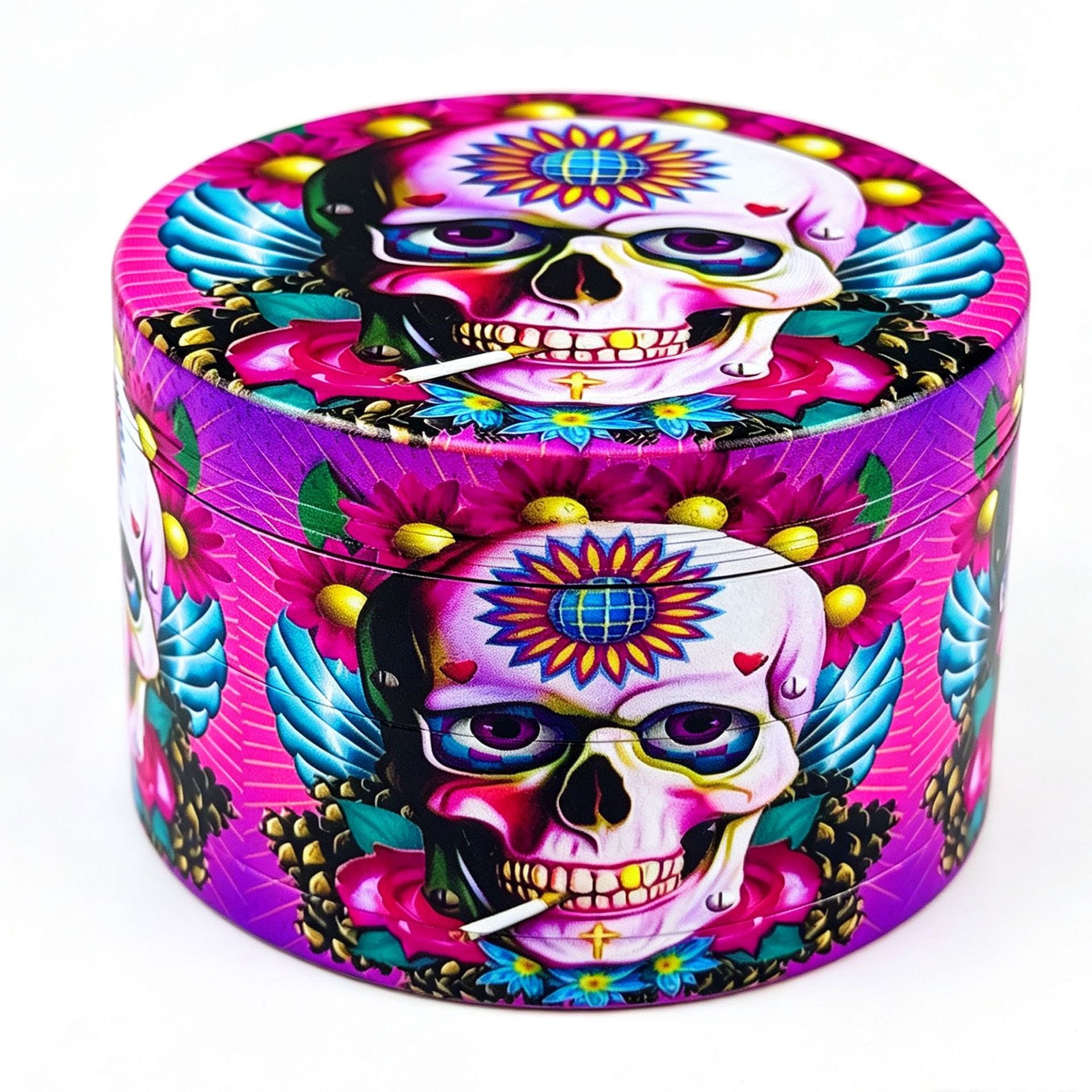 01-pink-colorful-sugar-skull-herb-grinder Premium 50mm colorful sugar skull herb grinder by Chilltree