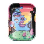 Premium decorative tin metal rolling tray with vibrant prints by Chilltree