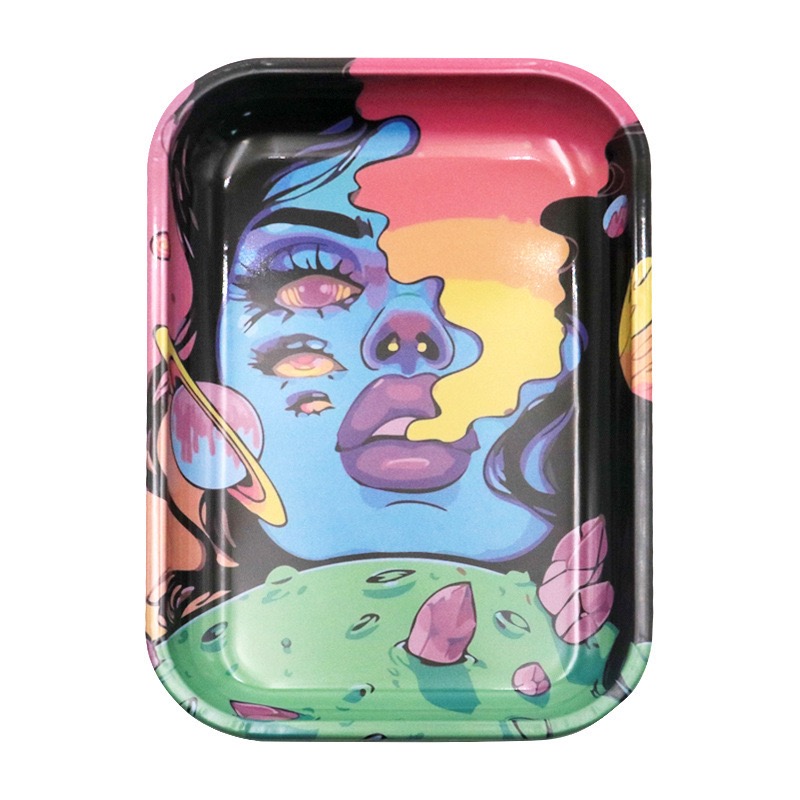 Premium decorative tin metal rolling tray with vibrant prints by Chilltree